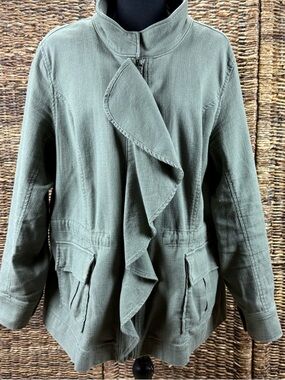 Lane Bryant Olive Green Ruffle Military Utility Boho Jacket Zipper Snaps.
